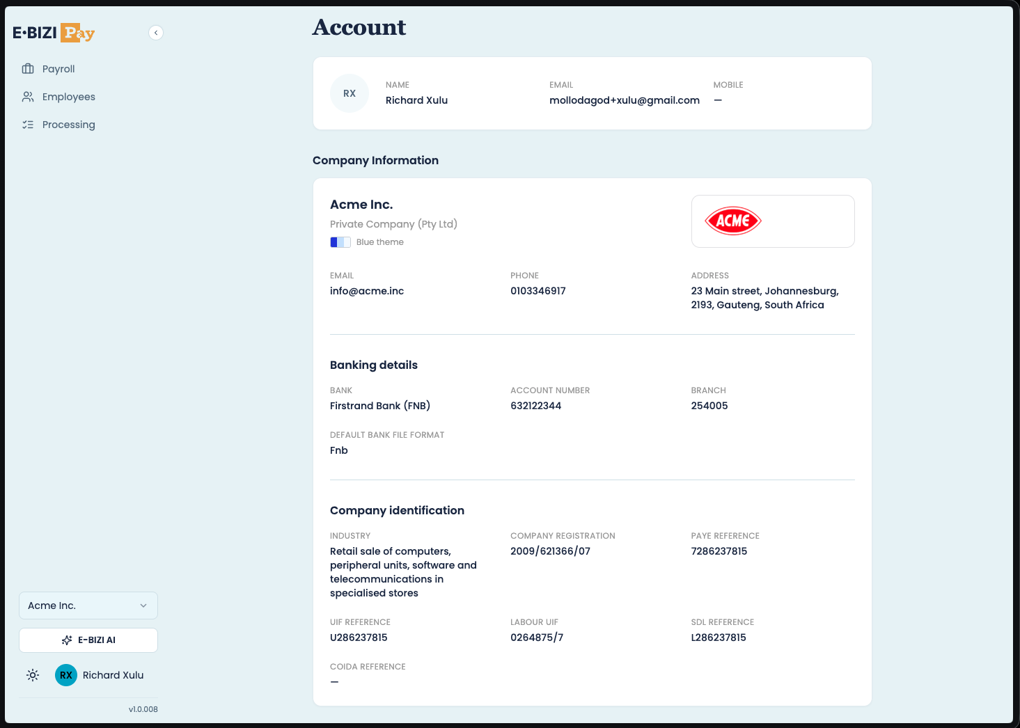 E·BIZI Pay account overview screen