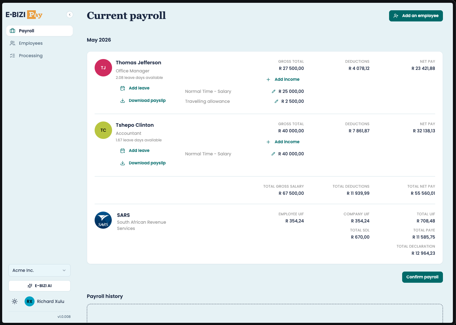 E·BIZI Pay payroll run screen showing employee list, pay amounts and SARS deductions