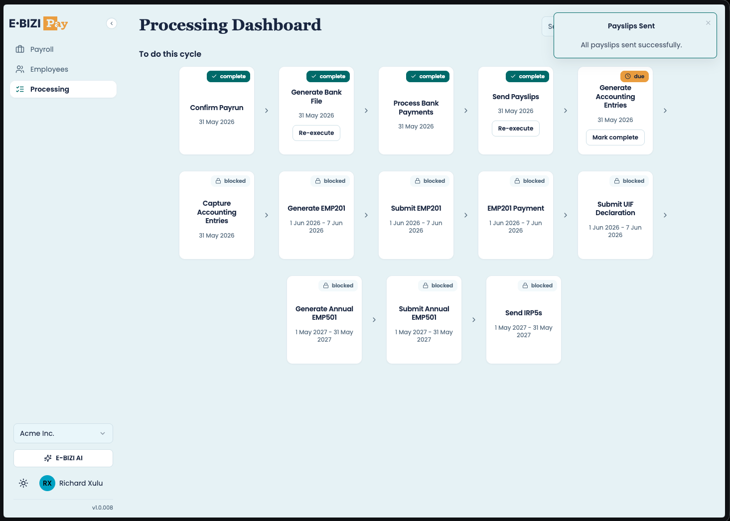 E·BIZI Pay processing dashboard screen